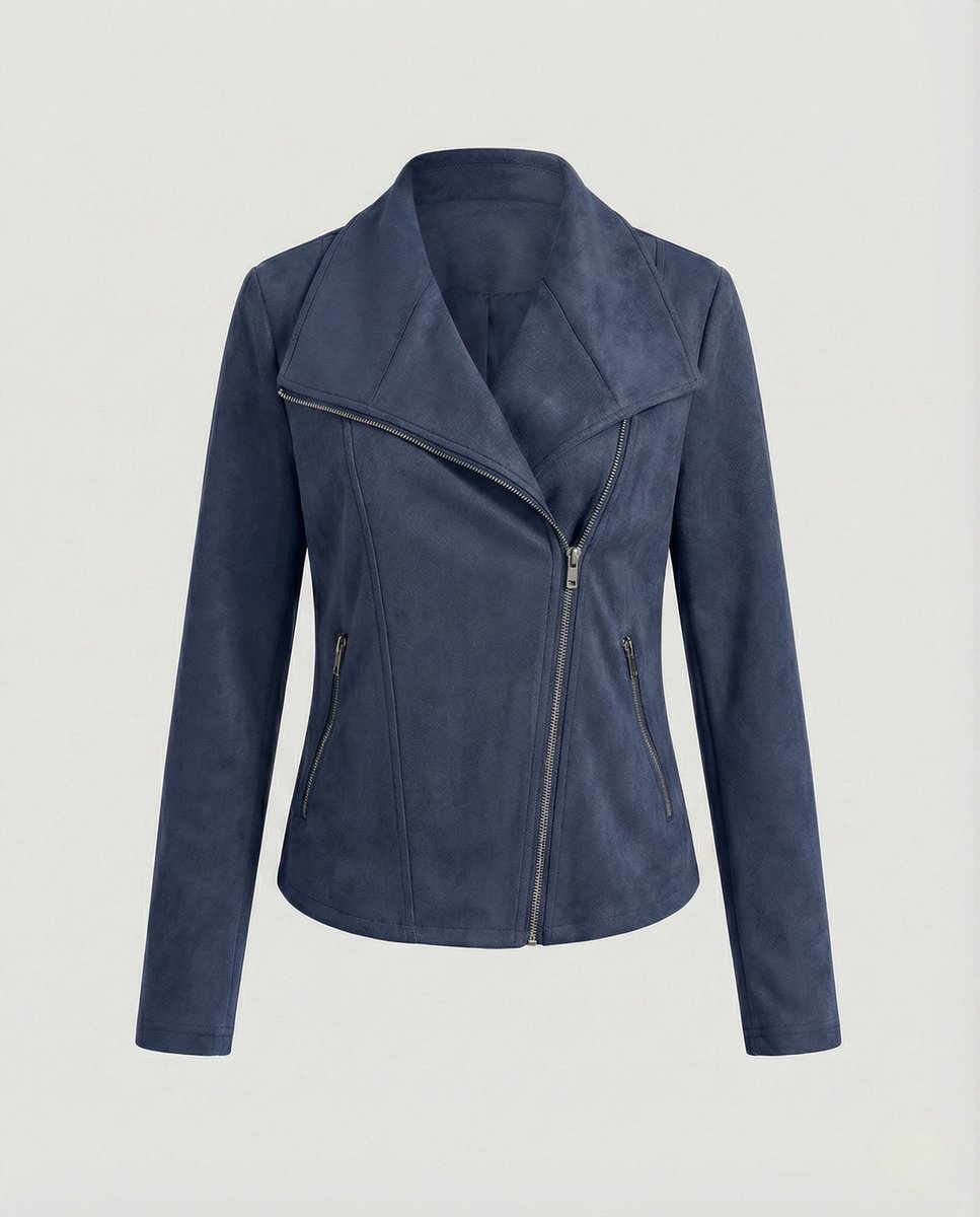 Corinna | Giacca biker effetto scamosciato con zip asimmetrica blu