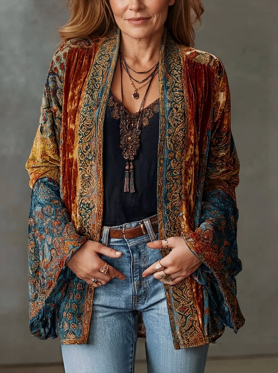 Sophia | Giacca trapuntata stile boho da donna, cardigan kimono vintage dalla vestibilità ampia
