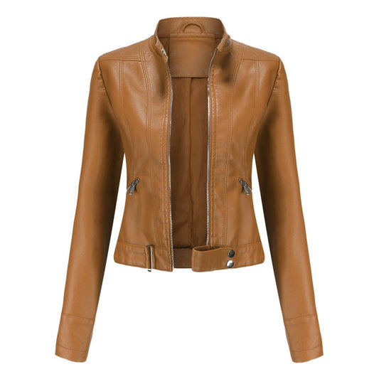 Victoria | Giacca corta da donna in ecopelle con collo alto, stile moto