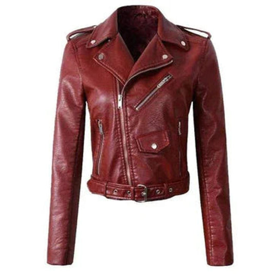 Aria | Giacca da donna corta in ecopelle stile moto con cintura, modello biker