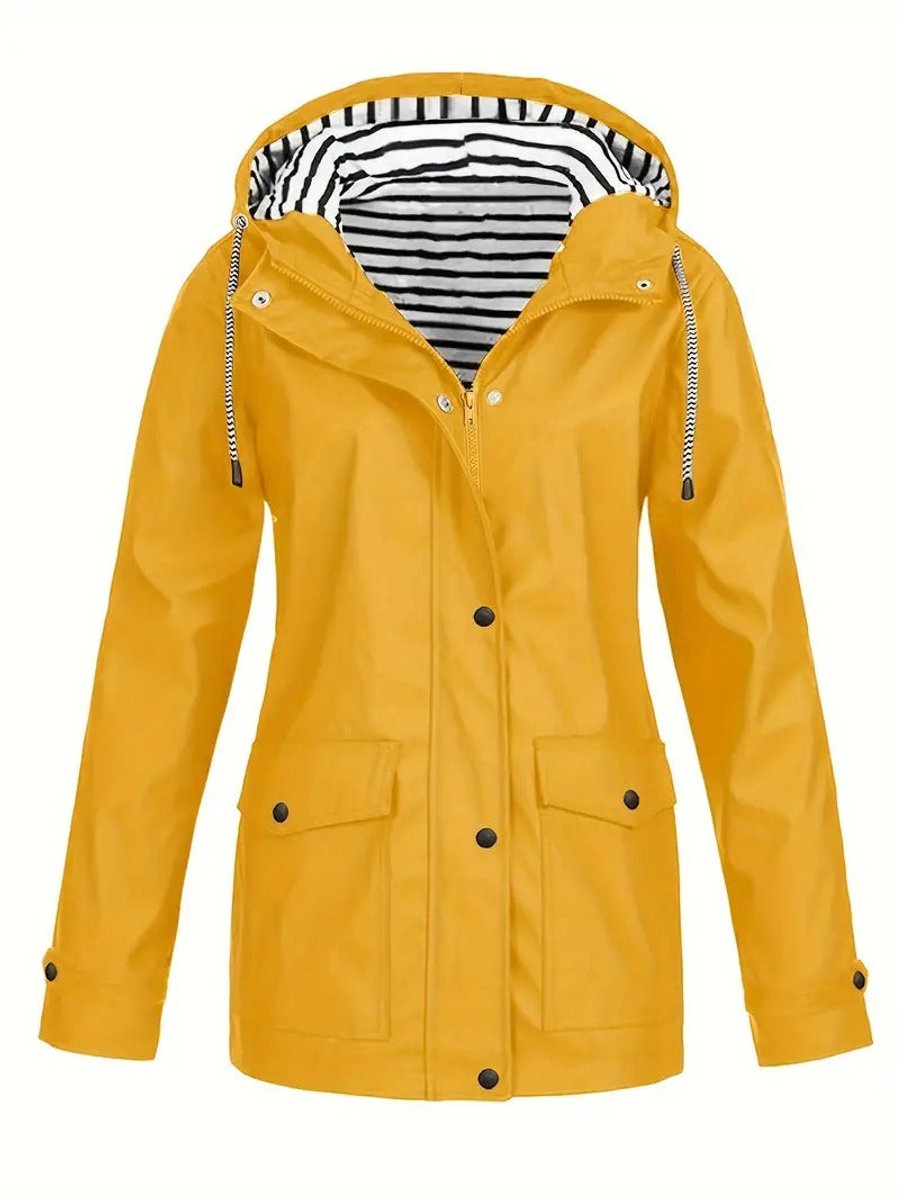 Eleanor | Cappotto impermeabile da donna con cappuccio, fodera a righe e chiusura con cerniera