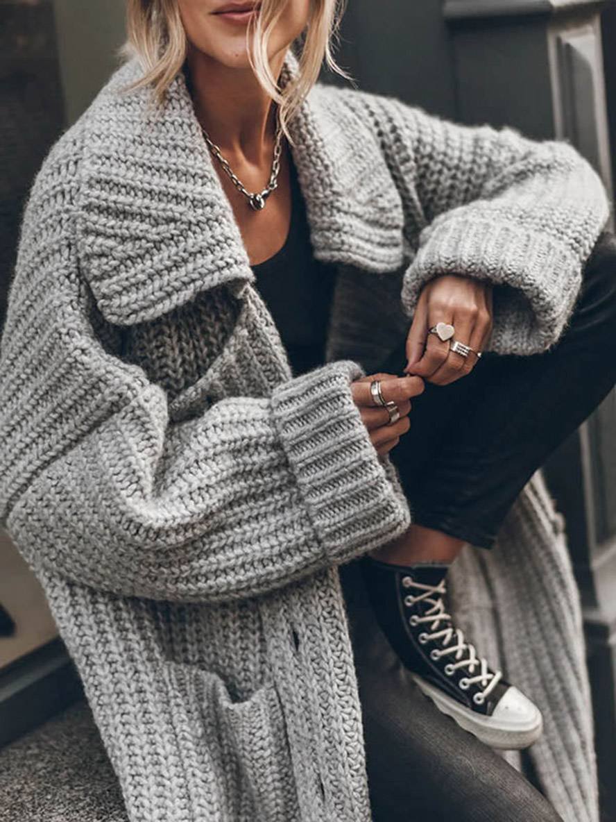 Mia | Cardigan da donna oversize a maglia a coste spesse, lungo e con revers