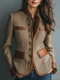 Sophia | Giacca da donna vintage in tweed a spina di pesce con rifiniture in pelle e chiusura frontale con bottoni