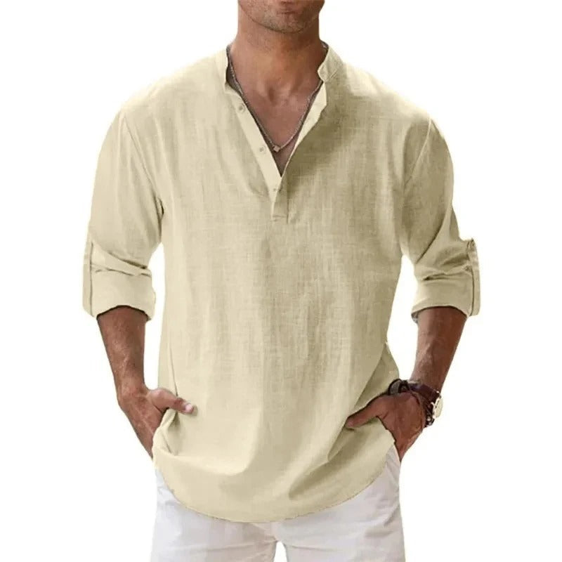 Caleb | Camicia da uomo in lino a maniche lunghe con colletto alla nonna