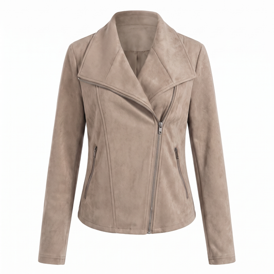 Corinna | Giacca biker effetto scamosciato con zip asimmetrica beige