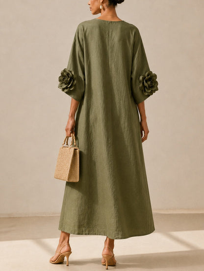 Graziella | Abito Midi Verde Oliva con Scollo a V e Maniche Floreali Stravaganti
