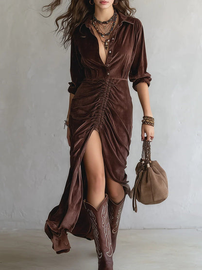 Abito midi vintage in velluto plissettato con cuciture a bottoni