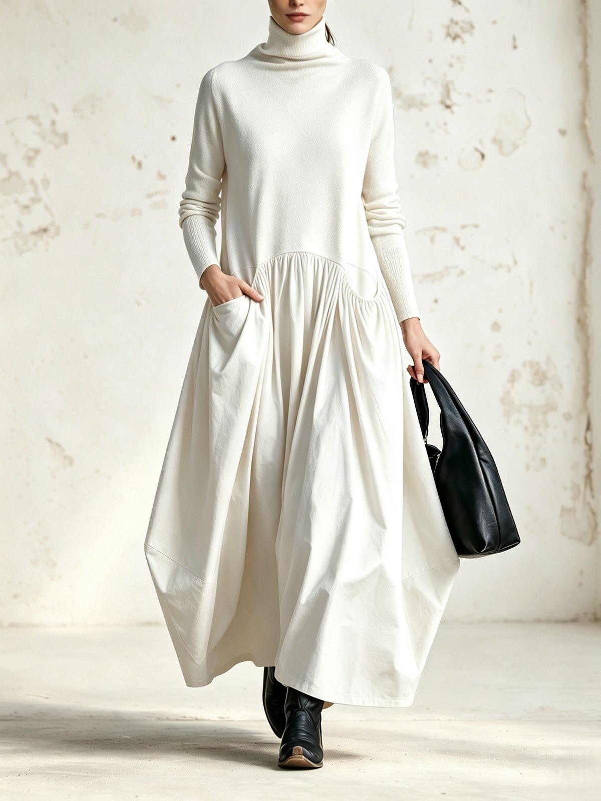 Abito lungo oversize nero con collo alto e tasche decorative