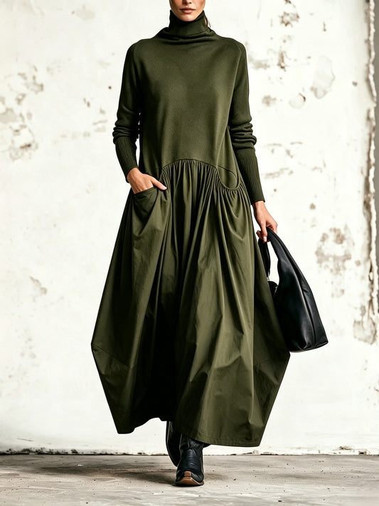 Abito lungo oversize nero con collo alto e tasche decorative