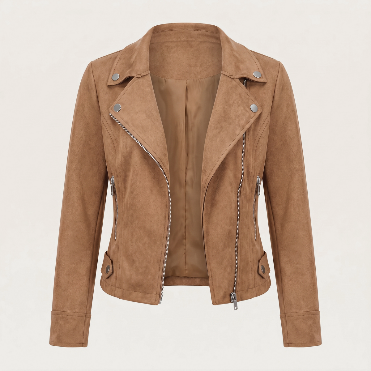 Lia | Giacca corta effetto scamosciato con zip asimmetrica beige