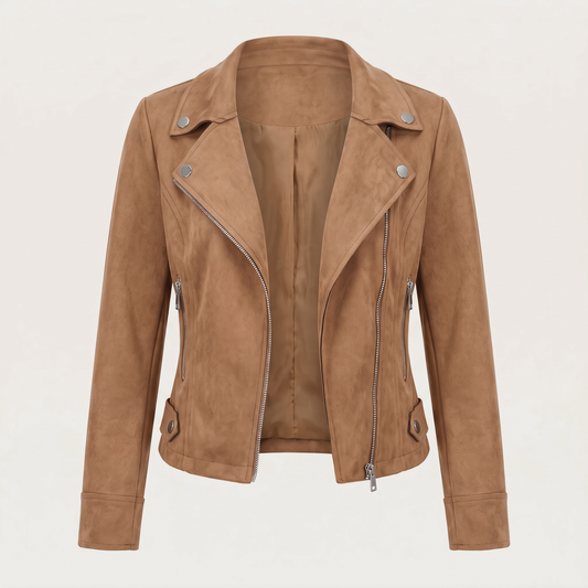 Lia | Giacca corta effetto scamosciato con zip asimmetrica beige