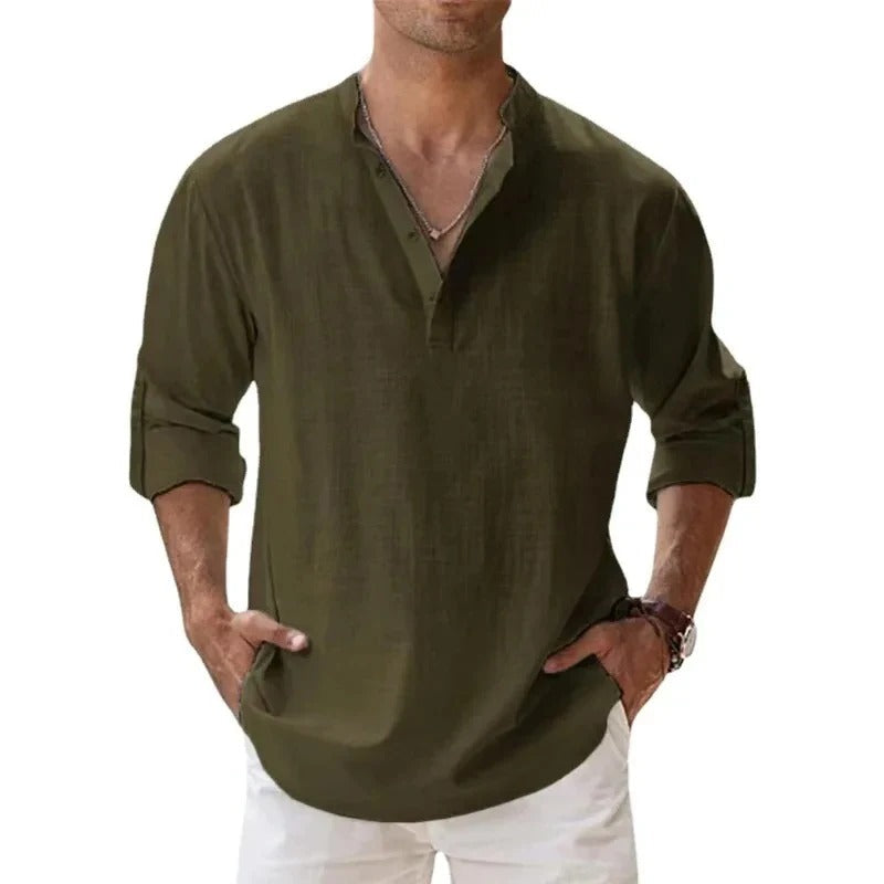 Caleb | Camicia da uomo in lino a maniche lunghe con colletto alla nonna