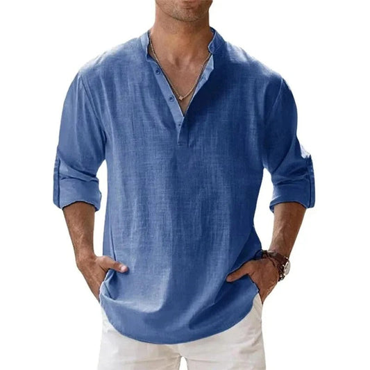 Caleb | Camicia da uomo in lino a maniche lunghe con colletto alla nonna