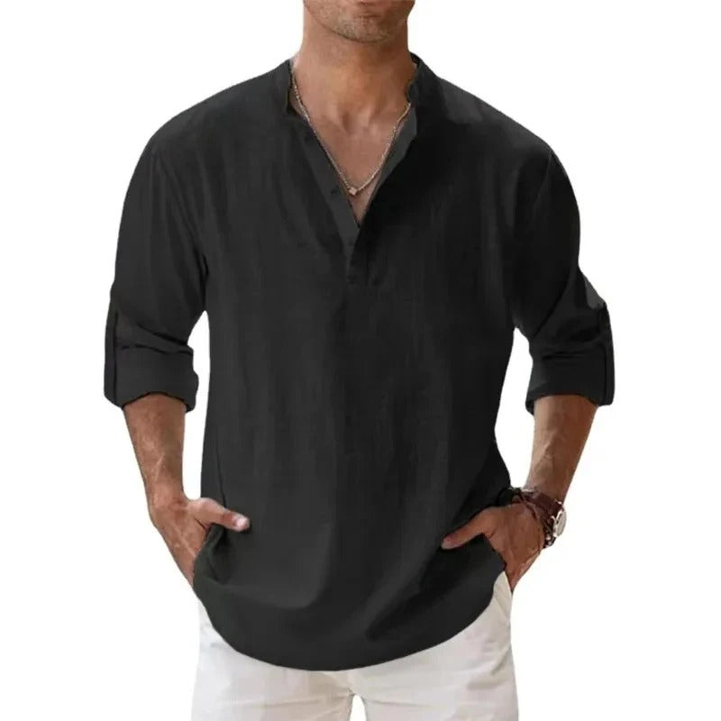Caleb | Camicia da uomo in lino a maniche lunghe con colletto alla nonna