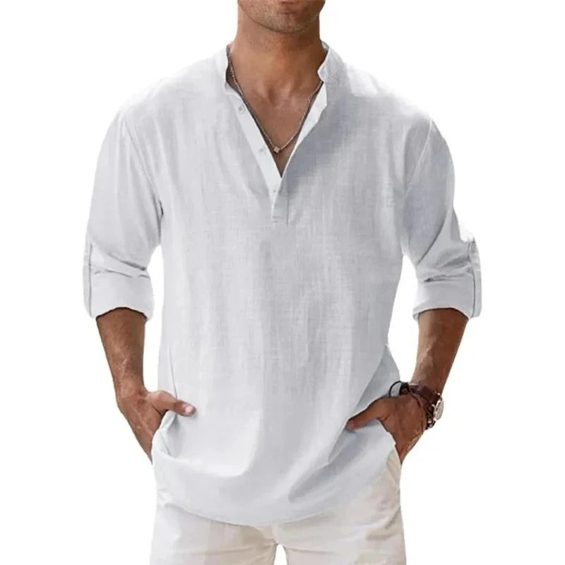 Caleb | Camicia da uomo in lino a maniche lunghe con colletto alla nonna