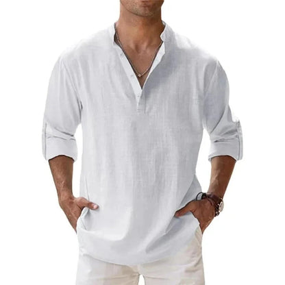 Caleb | Camicia da uomo in lino a maniche lunghe con colletto alla nonna