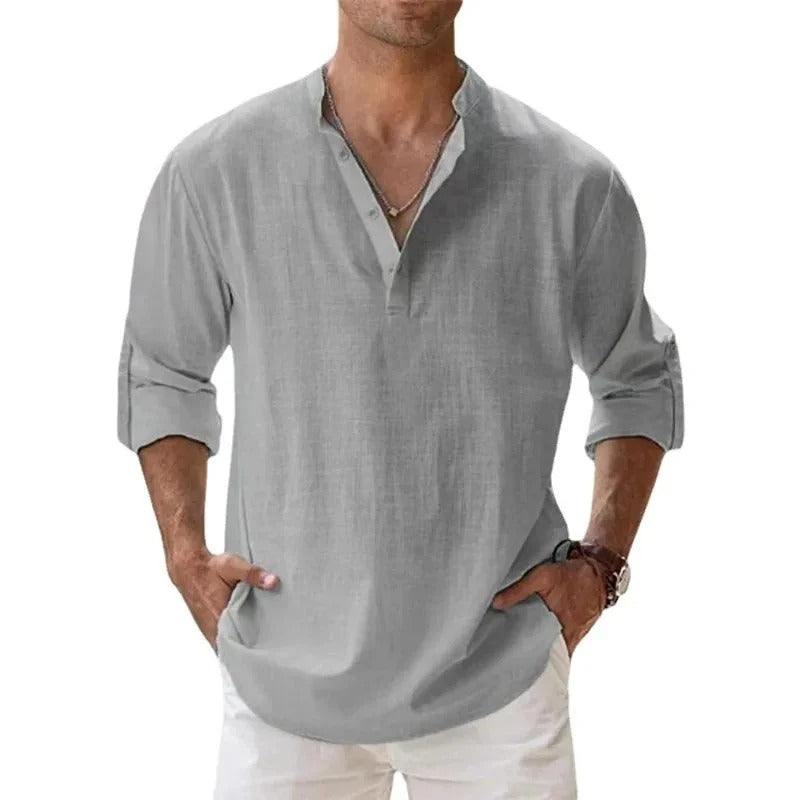 Caleb | Camicia da uomo in lino a maniche lunghe con colletto alla nonna