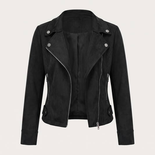 Lia | Giacca corta effetto scamosciato con zip asimmetrica nero