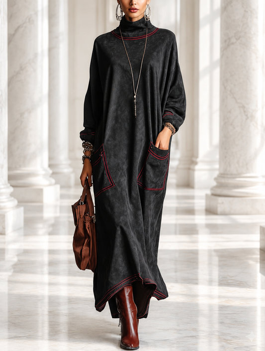 Manuela | Abito lungo in suede sintetico nero con cuciture a contrasto rosso e tasche a toppa