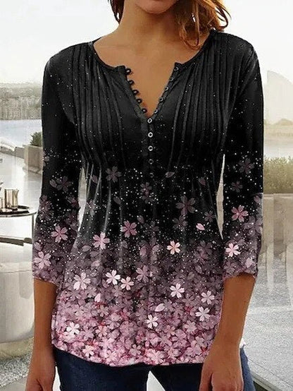 Amelia | Camicetta Henley da donna a maniche lunghe con motivo floreale e vestibilità comoda