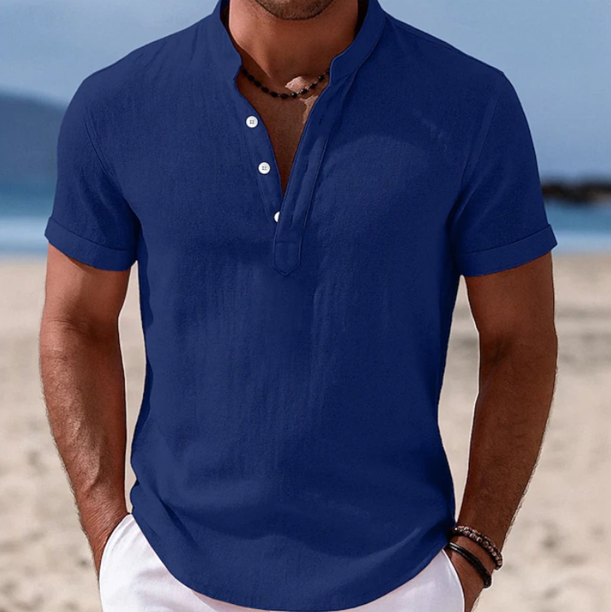 Elijah | Camicia Henley da uomo a maniche corte, leggera, effetto lino