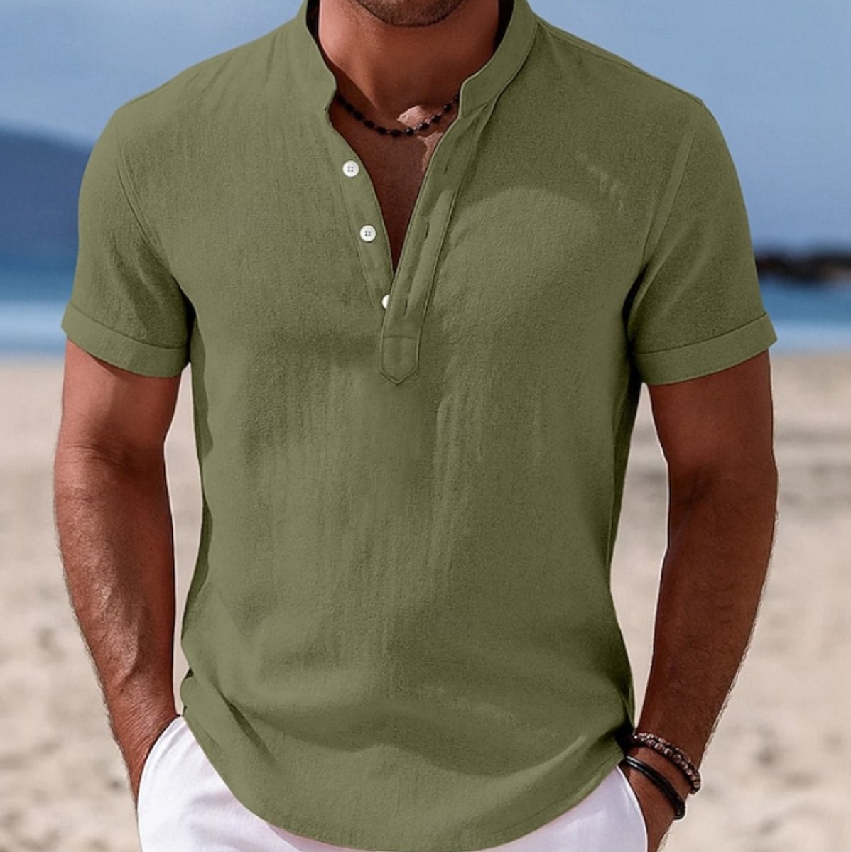 Elijah | Camicia Henley da uomo a maniche corte, leggera, effetto lino