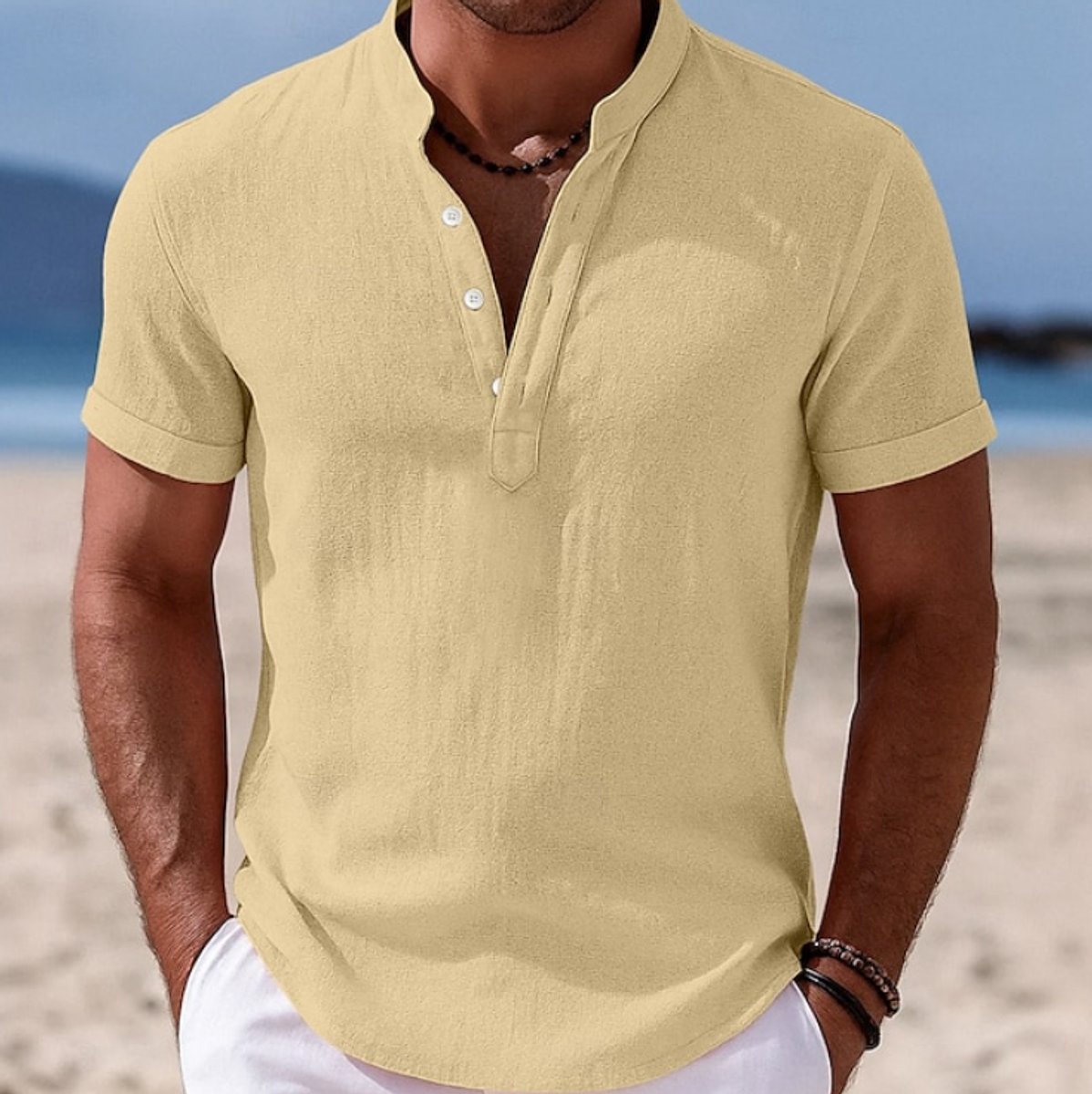 Elijah | Camicia Henley da uomo a maniche corte, leggera, effetto lino