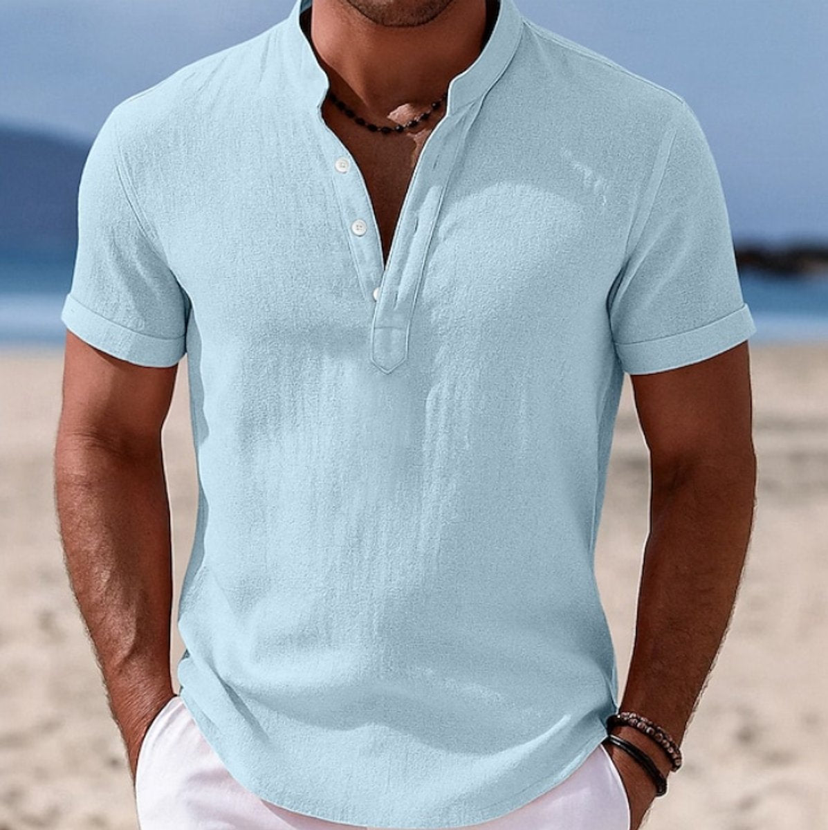 Elijah | Camicia Henley da uomo a maniche corte, leggera, effetto lino