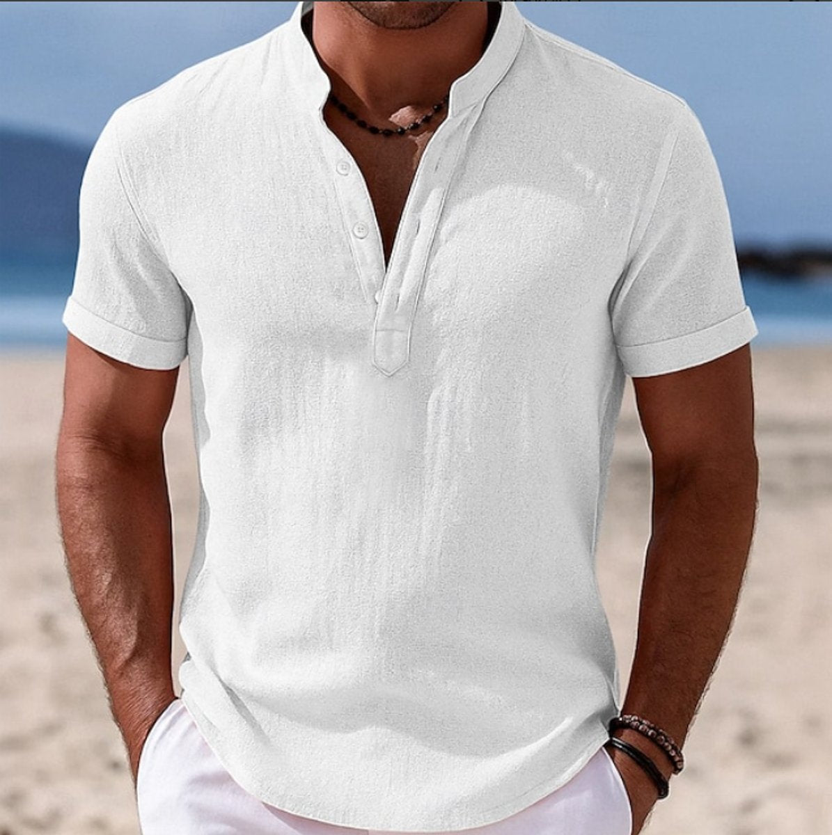 Elijah | Camicia Henley da uomo a maniche corte, leggera, effetto lino