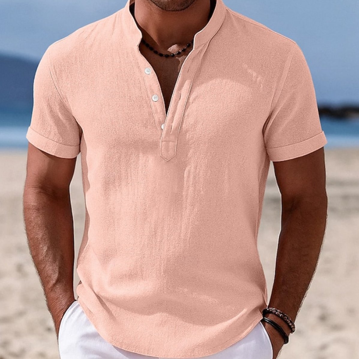 Elijah | Camicia Henley da uomo a maniche corte, leggera, effetto lino
