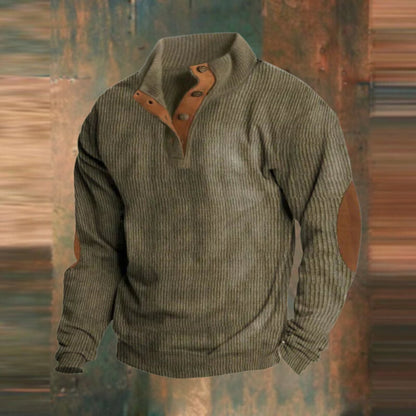 James | Maglione da uomo in maglia a coste, modello Henley, con toppe sui gomiti e bottoni a pressione sul polsino