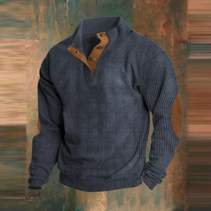 James | Maglione da uomo in maglia a coste, modello Henley, con toppe sui gomiti e bottoni a pressione sul polsino