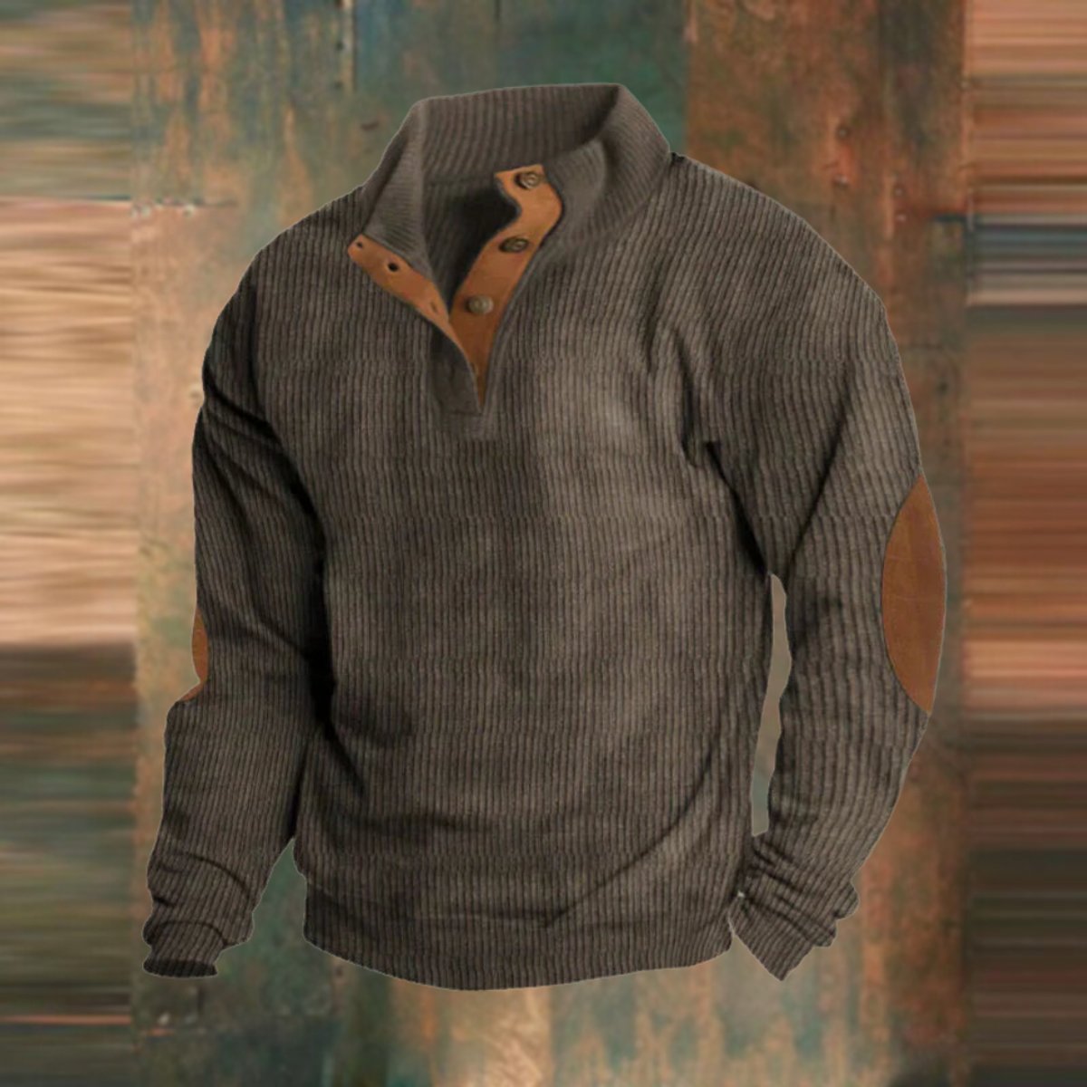 James | Maglione da uomo in maglia a coste, modello Henley, con toppe sui gomiti e bottoni a pressione sul polsino