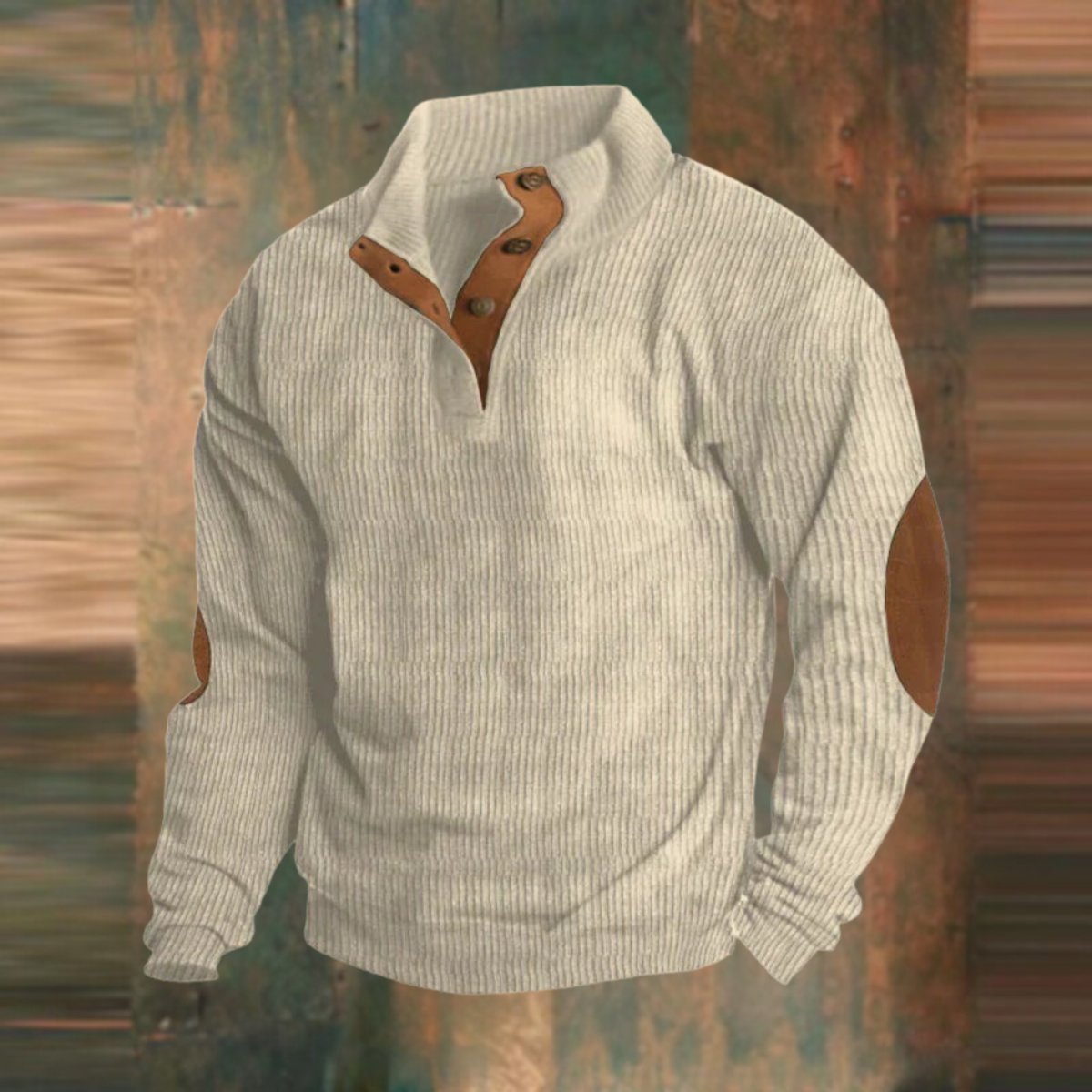 James | Maglione da uomo in maglia a coste, modello Henley, con toppe sui gomiti e bottoni a pressione sul polsino