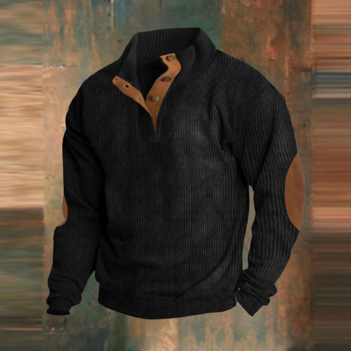 James | Maglione da uomo in maglia a coste, modello Henley, con toppe sui gomiti e bottoni a pressione sul polsino