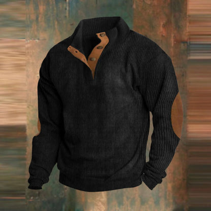 James | Maglione da uomo in maglia a coste, modello Henley, con toppe sui gomiti e bottoni a pressione sul polsino