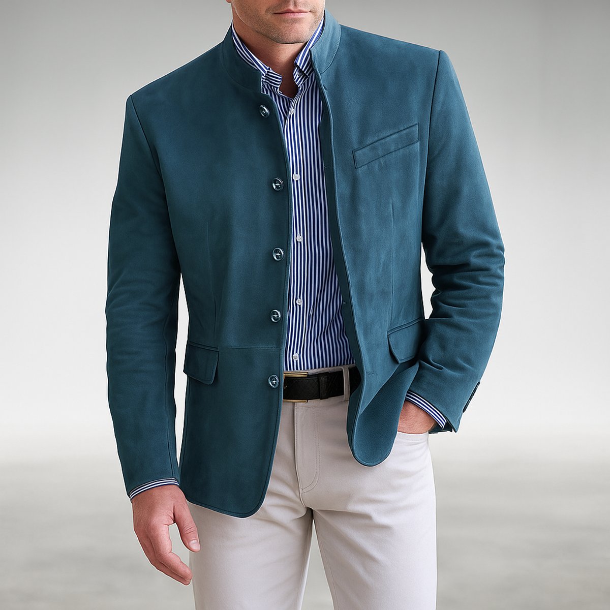 Owen | Giacca blazer da uomo strutturata con collo alla mandarina e chiusura frontale con bottoni