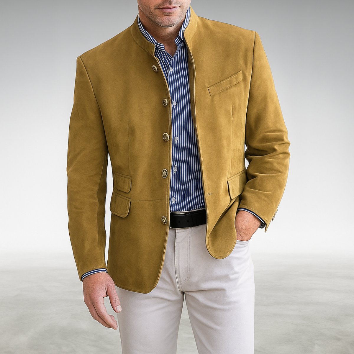 Owen | Giacca blazer da uomo strutturata con collo alla mandarina e chiusura frontale con bottoni