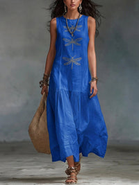 Abito lungo in cotone e lino con stampa di libellule in stile boho retrò