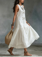 Abito lungo in cotone e lino con stampa di libellule in stile boho retrò