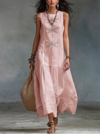 Abito lungo in cotone e lino con stampa di libellule in stile boho retrò