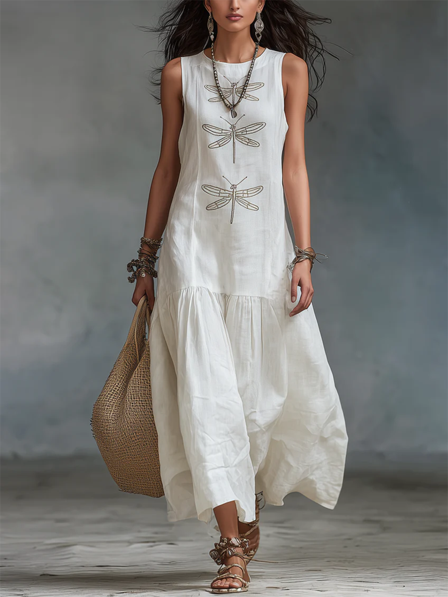 Abito lungo in cotone e lino con stampa di libellule in stile boho retrò