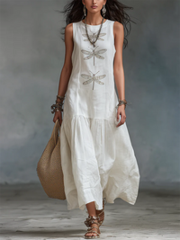 Abito lungo in cotone e lino con stampa di libellule in stile boho retrò