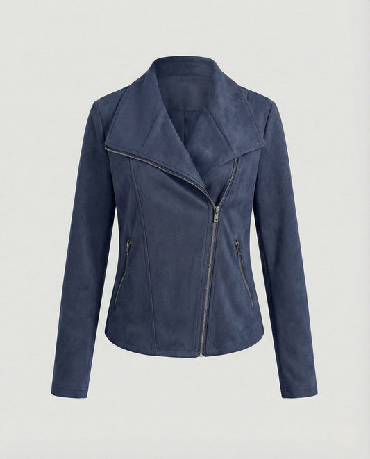 Corinna | Giacca biker effetto scamosciato con zip asimmetrica blu