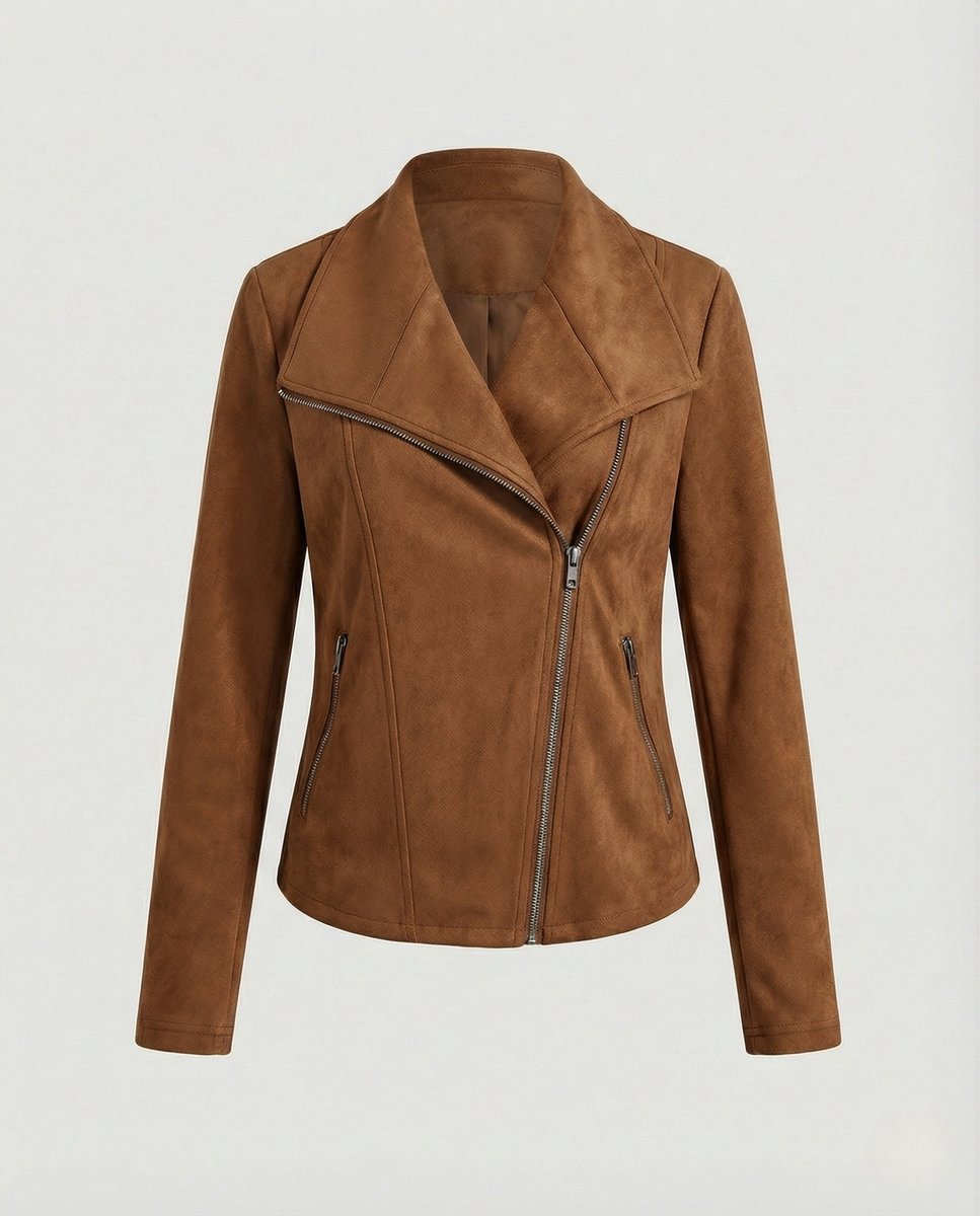 Corinna | Giacca biker effetto scamosciato con zip asimmetrica marrone