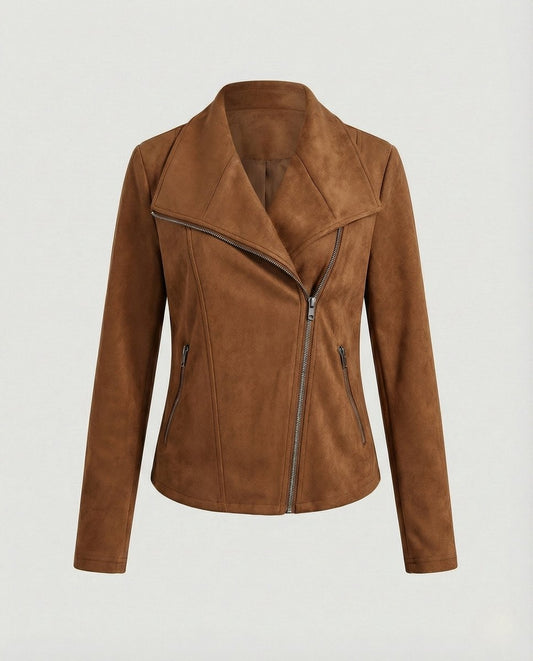 Corinna | Giacca biker effetto scamosciato con zip asimmetrica marrone