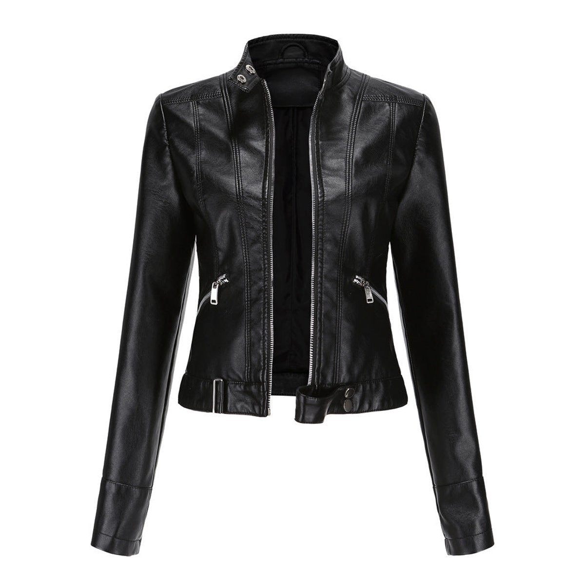 Victoria | Giacca corta da donna in ecopelle con collo alto, stile moto