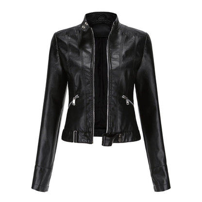 Victoria | Giacca corta da donna in ecopelle con collo alto, stile moto