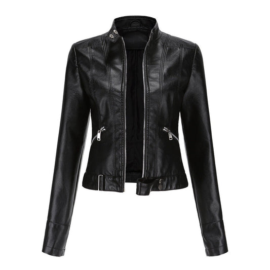 Victoria | Giacca corta da donna in ecopelle con collo alto, stile moto
