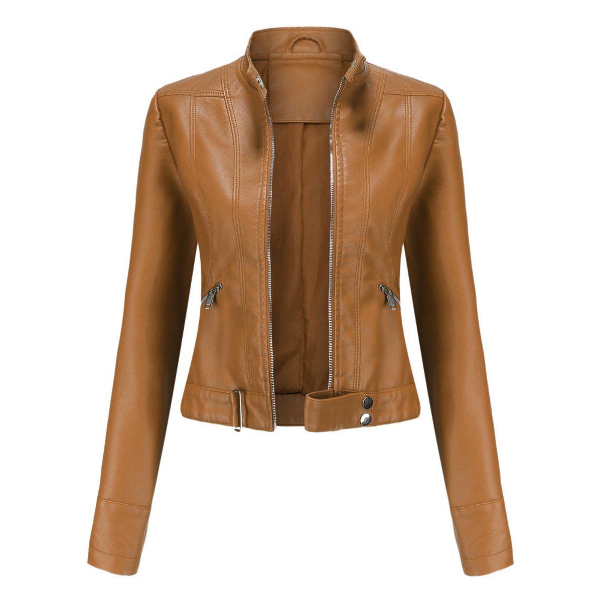 Victoria | Giacca corta da donna in ecopelle con collo alto, stile moto